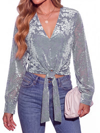 PRETTYGARDEN Women Double Lined Long Sleeve Shirts Tie Knot Front Crop Tops Sheer Sleeves, Velvet Jacquard Floral, Delicate Decorate Button, Classic V Neck, Elegant Dressy Blouses, Casual Fall Outfits