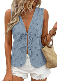 PRETTYGARDEN Women 2026 Summer Tie Front Eyelet Tank Tops Trendy Floral Vest Sleeveless V Neck Dressy Blouse Vacation Outfits PRETTYGARDEN