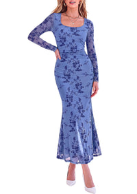 PRETTYGARDEN Women's Long Sleeve Floral Maxi Bodycon Dress  Cocktail Dresses for Wedding Guest, Square Neck, Stretchy Mesh, Elegant Classy, Formal Holiday Party, Fall Date Night Outfits