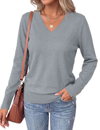 PRETTYGARDEN Fall Sweaters for Women V Neck Lightweight Pullover  Soft Knit Sweater Tops,Long Sleeve,Slit Cuffs with Decorative Button,Work Business Casual Outfits,Layering Winter Clothes