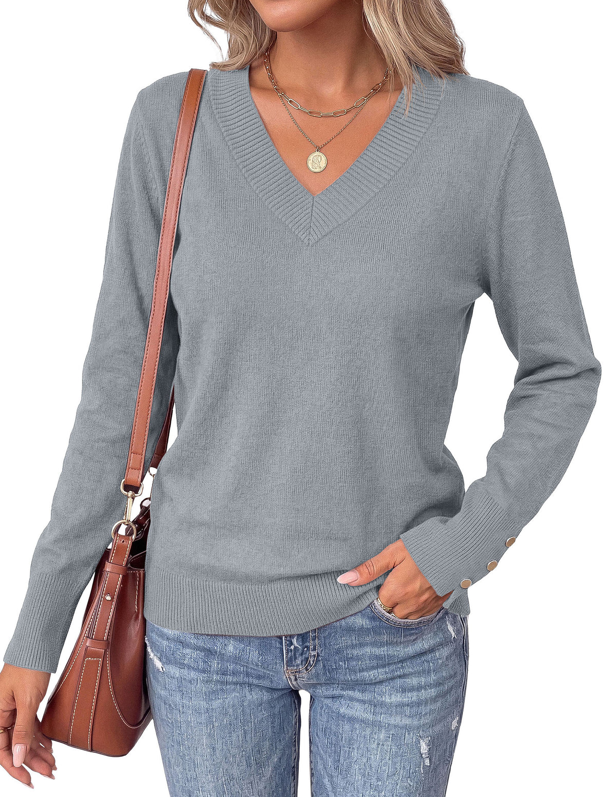 PRETTYGARDEN Fall Sweaters for Women V Neck Lightweight Pullover  Soft Knit Sweater Tops,Long Sleeve,Slit Cuffs with Decorative Button,Work Business Casual Outfits,Layering Winter Clothes