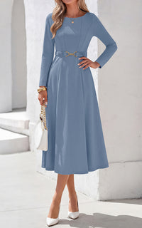 PRETTYGARDEN Women's Fall Long Sleeve Semi Formal Midi Dresses with Pockets Boat Neck, Metal Buckle Tie Waist, Flowy A Line, Elegant Classy Wedding Guest Cocktail Party Dress, Business Casual Outfits