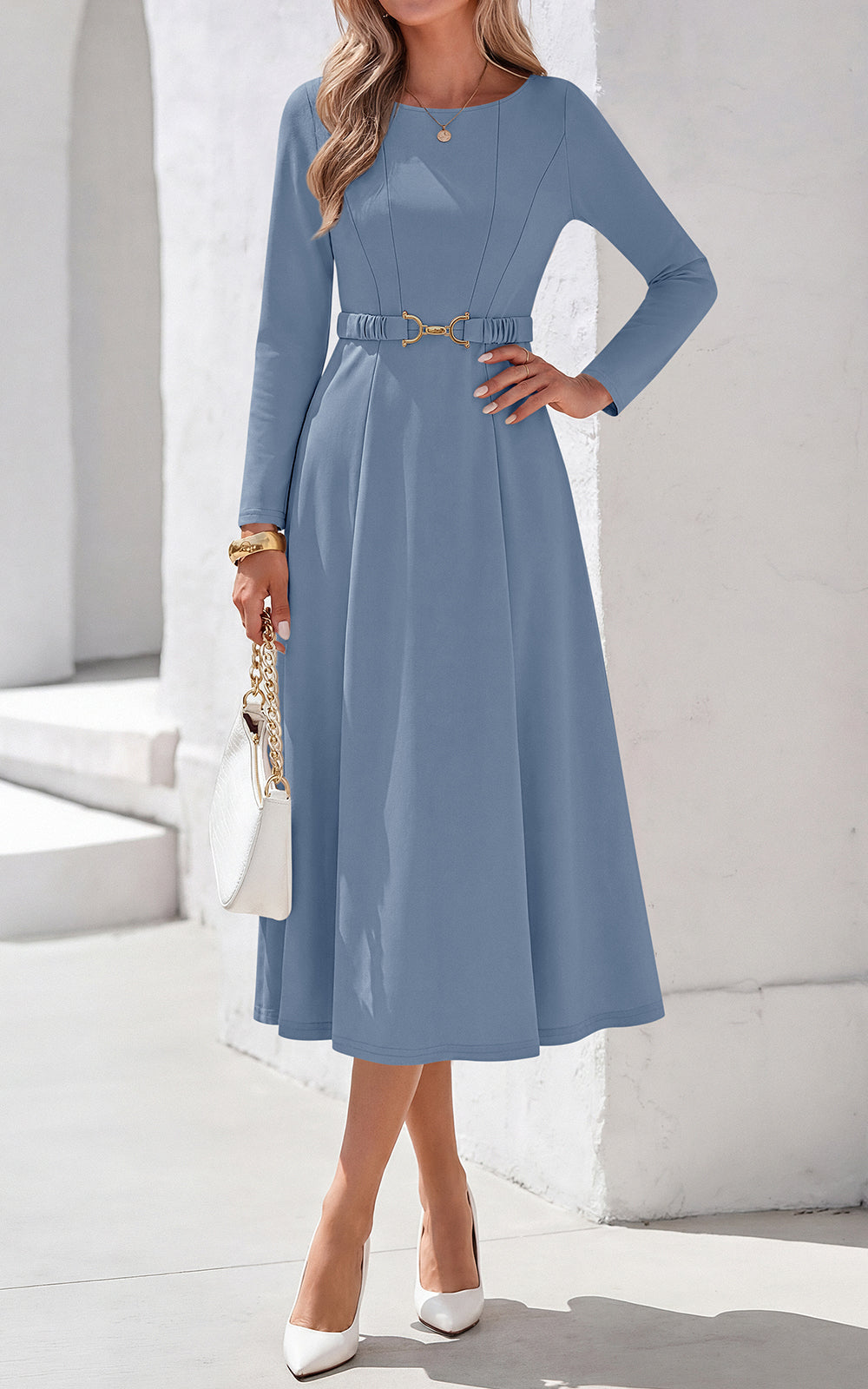 PRETTYGARDEN Women's Fall Long Sleeve Semi Formal Midi Dresses with Pockets Boat Neck, Metal Buckle Tie Waist, Flowy A Line, Elegant Classy Wedding Guest Cocktail Party Dress, Business Casual Outfits