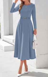 PRETTYGARDEN Women's Fall Long Sleeve Semi Formal Midi Dresses with Pockets Boat Neck, Metal Buckle Tie Waist, Flowy A Line, Elegant Classy Wedding Guest Cocktail Party Dress, Business Casual Outfits