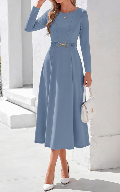 PRETTYGARDEN Women's Fall Long Sleeve Semi Formal Midi Dresses with Pockets Boat Neck, Metal Buckle Tie Waist, Flowy A Line, Elegant Classy Wedding Guest Cocktail Party Dress, Business Casual Outfits
