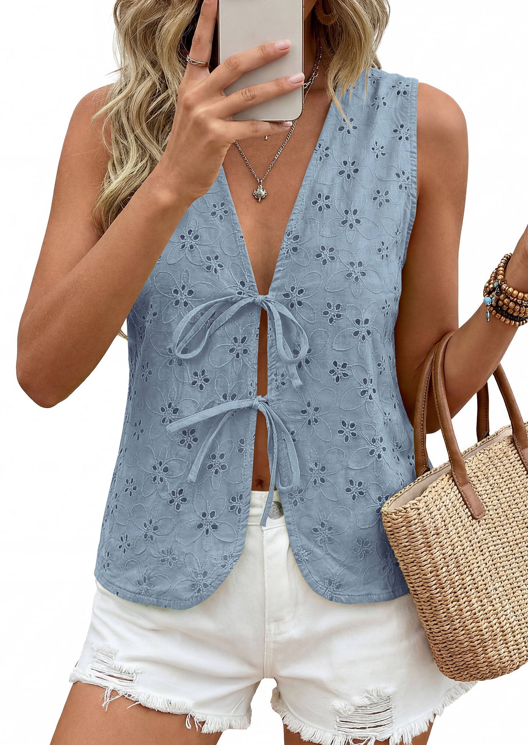 PRETTYGARDEN Women 2026 Summer Tie Front Eyelet Tank Tops Trendy Floral Vest Sleeveless V Neck Dressy Blouse Vacation Outfits PRETTYGARDEN