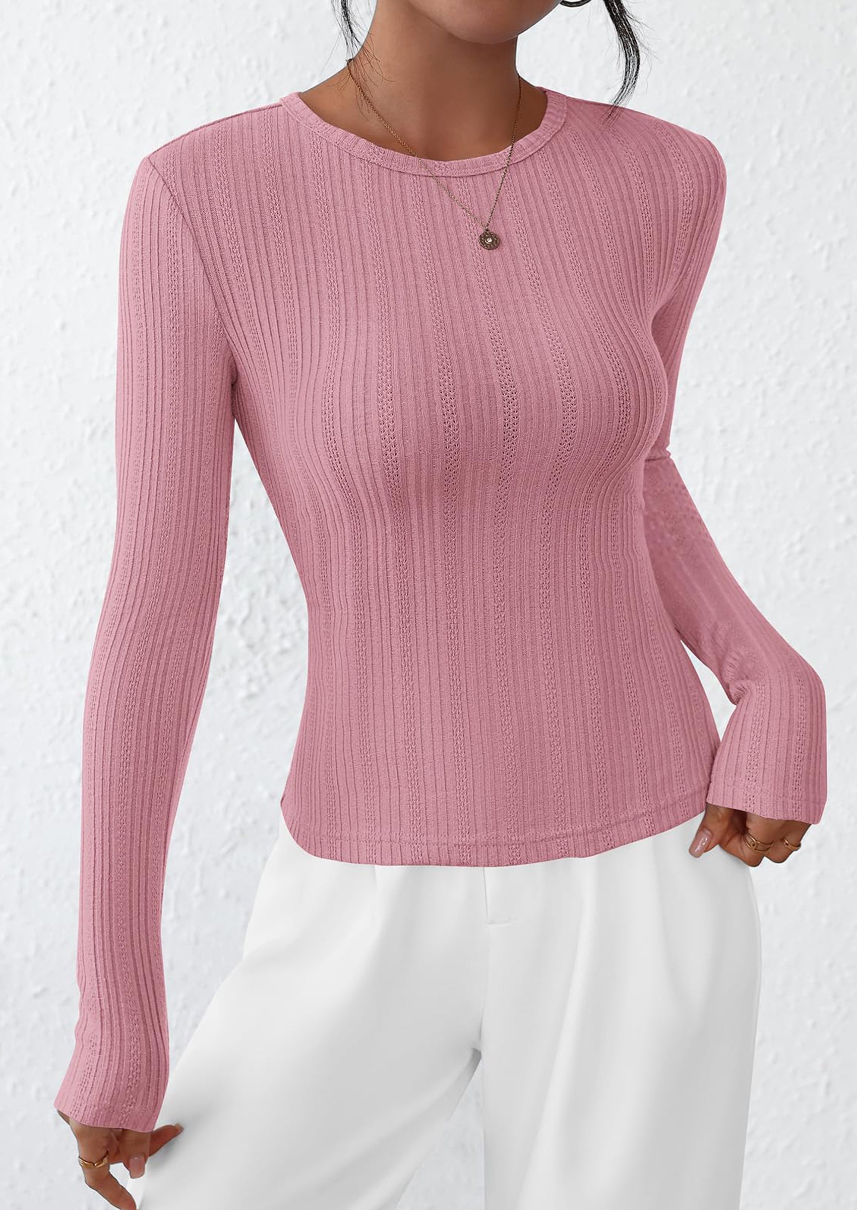 PRETTYGARDEN Crew Neck Long Sleeve Cute Going Out Tops for Women Casual Basic Slim Fit Womens Pullover Shirts PRETTYGARDEN