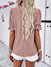 Casual Crew Neck Ruffle Short Sleeve Eyelet Babydoll Blouse