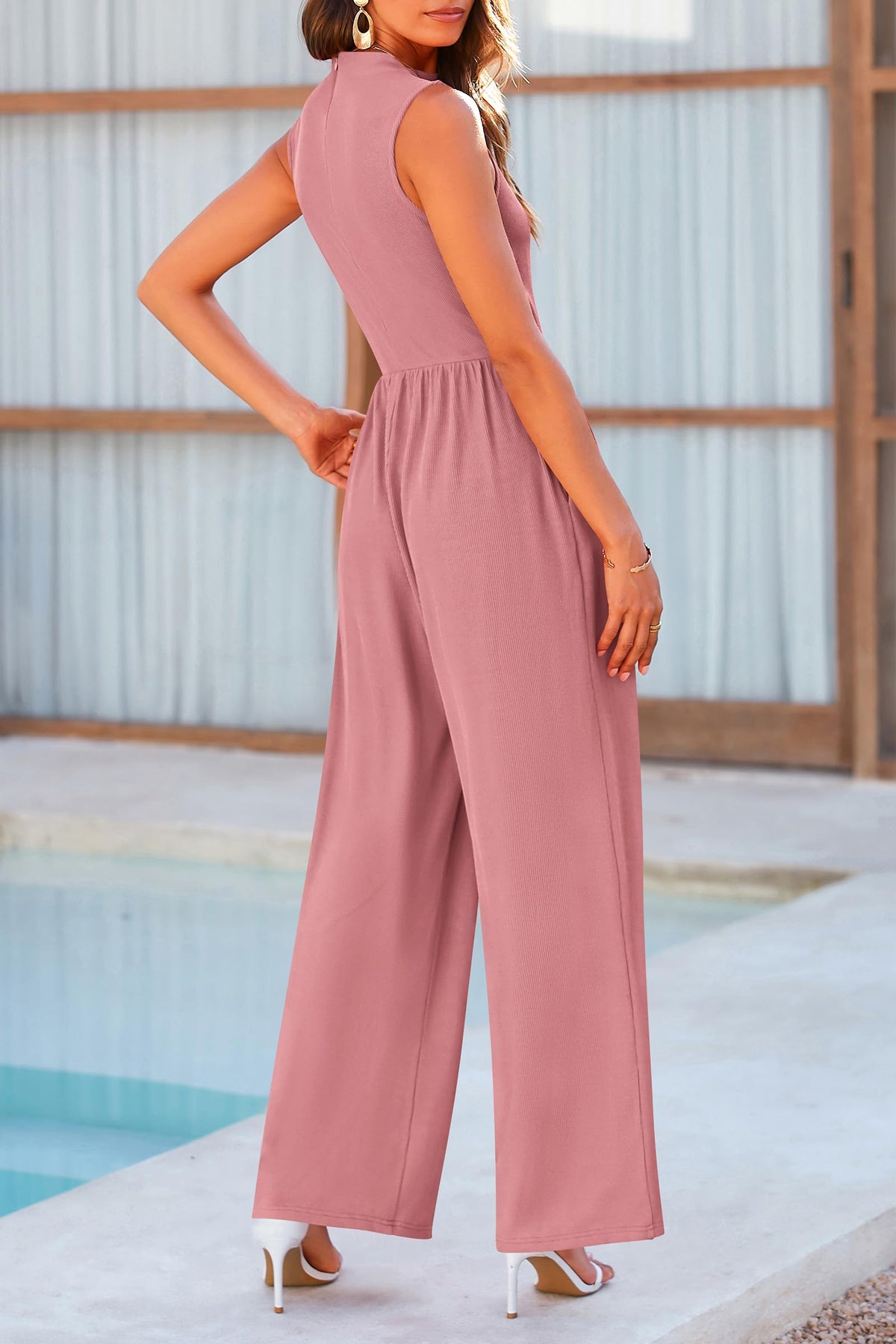 Summer One Piece Sleeveless Mock Neck Wide Leg Pants Rompers With Pockets