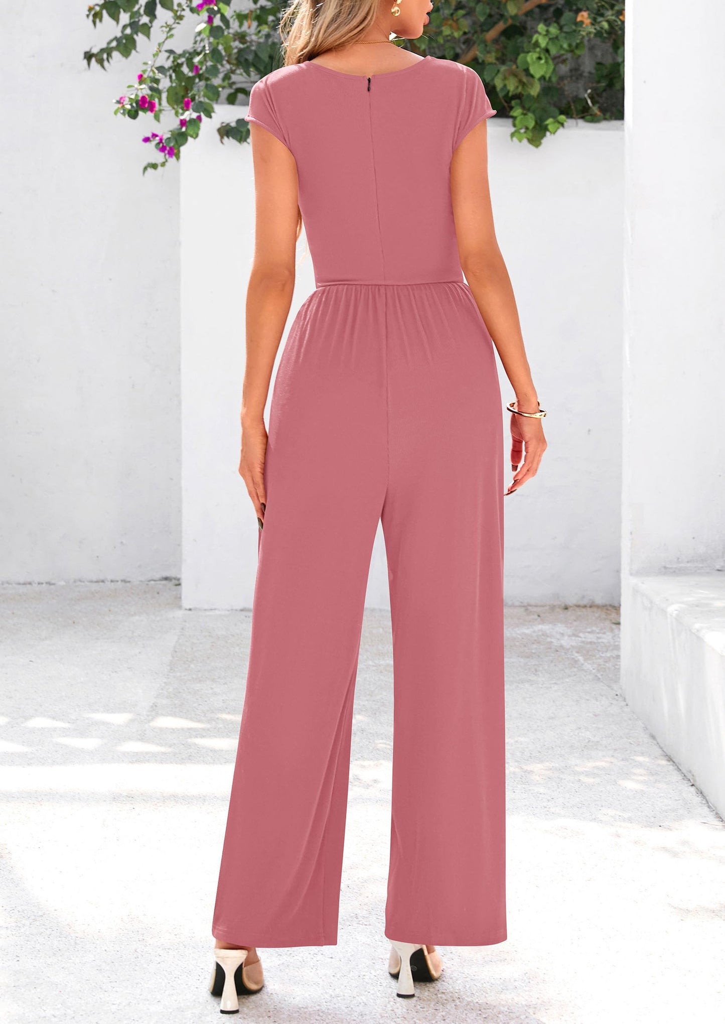 Summer Jumpsuits for Women Dressy Ribbed Cap Sleeve Wide Leg Pants Rompers Elegant Casual One Piece Outfits