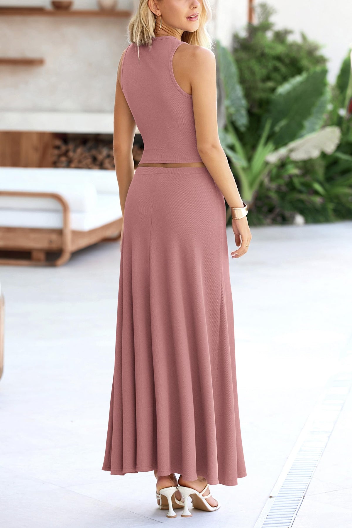 2 Piece Casual Summer Knit Cropped Tank Top High Waisted Long Skirt Outfits