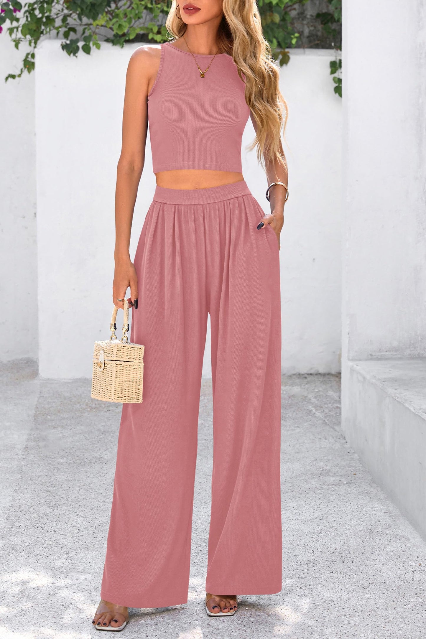 Womens Summer 2 Piece Sets Ribbed Knit Crew Neck Sleeveless Crop Tank Tops Wide Leg Pants Casual Lounge Set