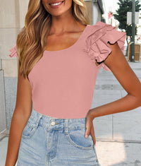 Women's Ruffle Short Sleeve 2025 Summer Casual Basic Cute Fitted Crew Neck Fashion T-shirts