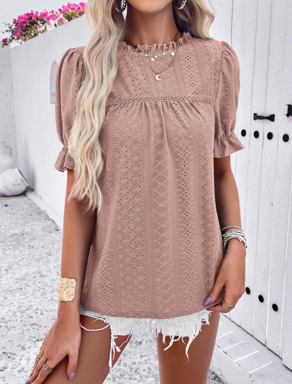 Casual Crew Neck Ruffle Short Sleeve Eyelet Babydoll Blouse