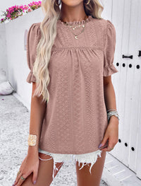 Casual Crew Neck Ruffle Short Sleeve Eyelet Babydoll Blouse