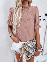 Casual Crew Neck Ruffle Short Sleeve Eyelet Babydoll Blouse