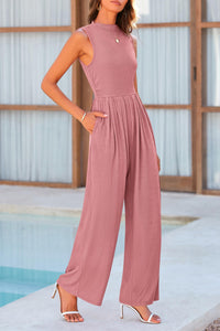 Sleeveless Mock Neck Wide Leg Jumpsuits With Pockets