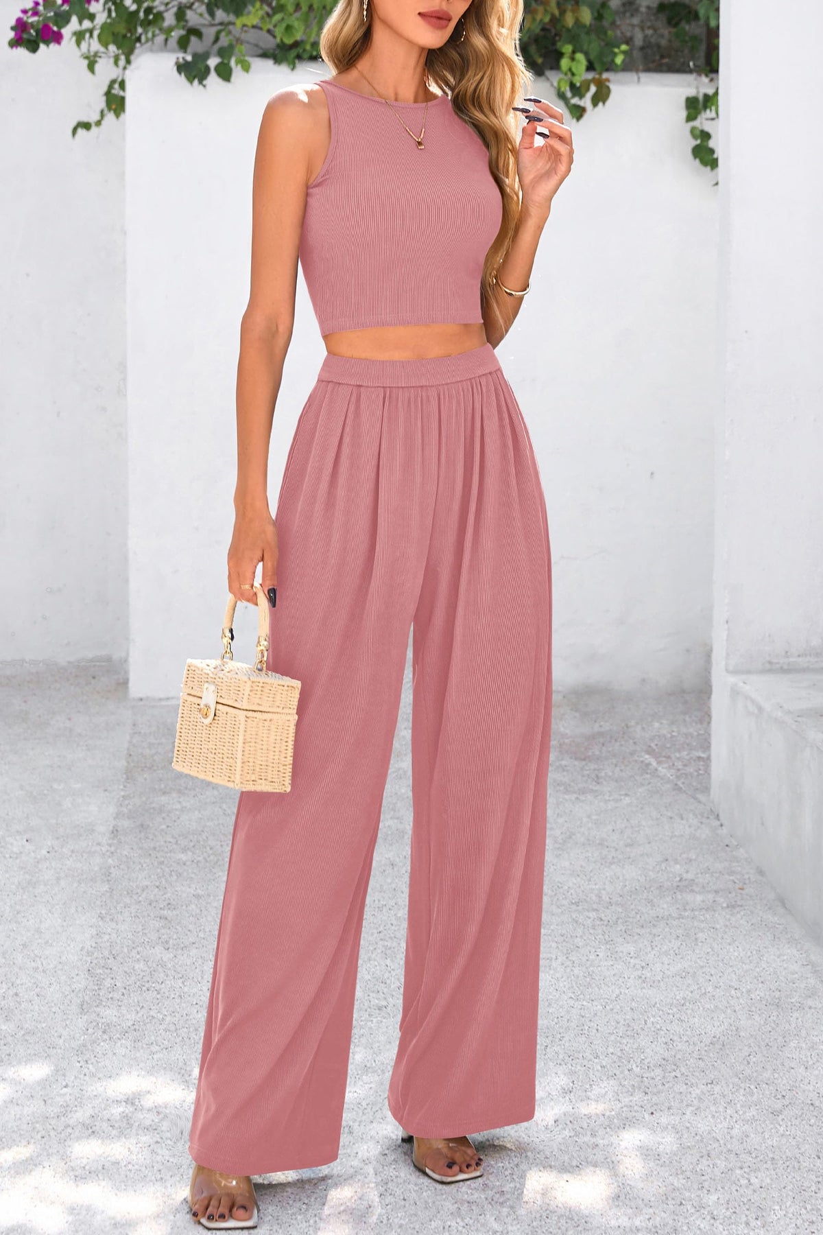 Womens Summer 2 Piece Sets Ribbed Knit Crew Neck Sleeveless Crop Tank Tops Wide Leg Pants Casual Lounge Set