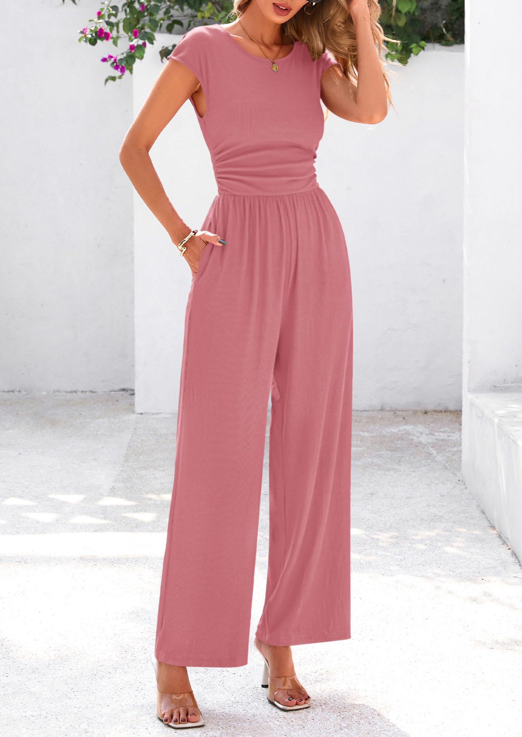 PRETTYGARDEN Summer Jumpsuits Ribbed Cap Sleeve Wide Leg Pants Women's Rompers Elegant Casual Trendy Vacation Outfits