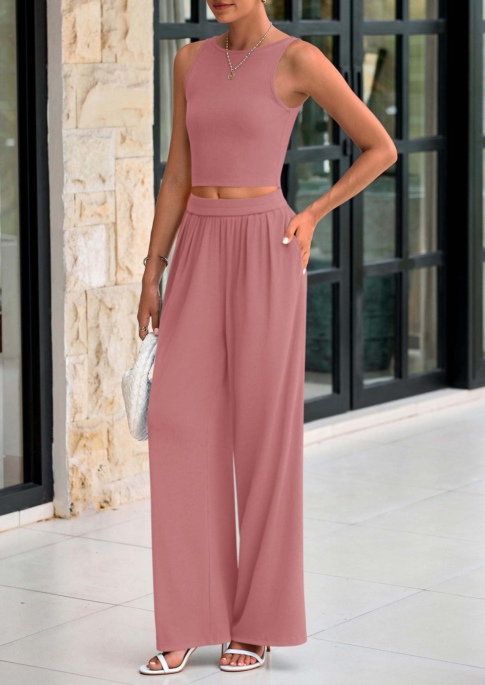 PRETTYGARDEN Two Piece Sets Ribbed Knit Crew Neck Sleeveless Tank Tops Wide Leg Pants Casual Lounge Set