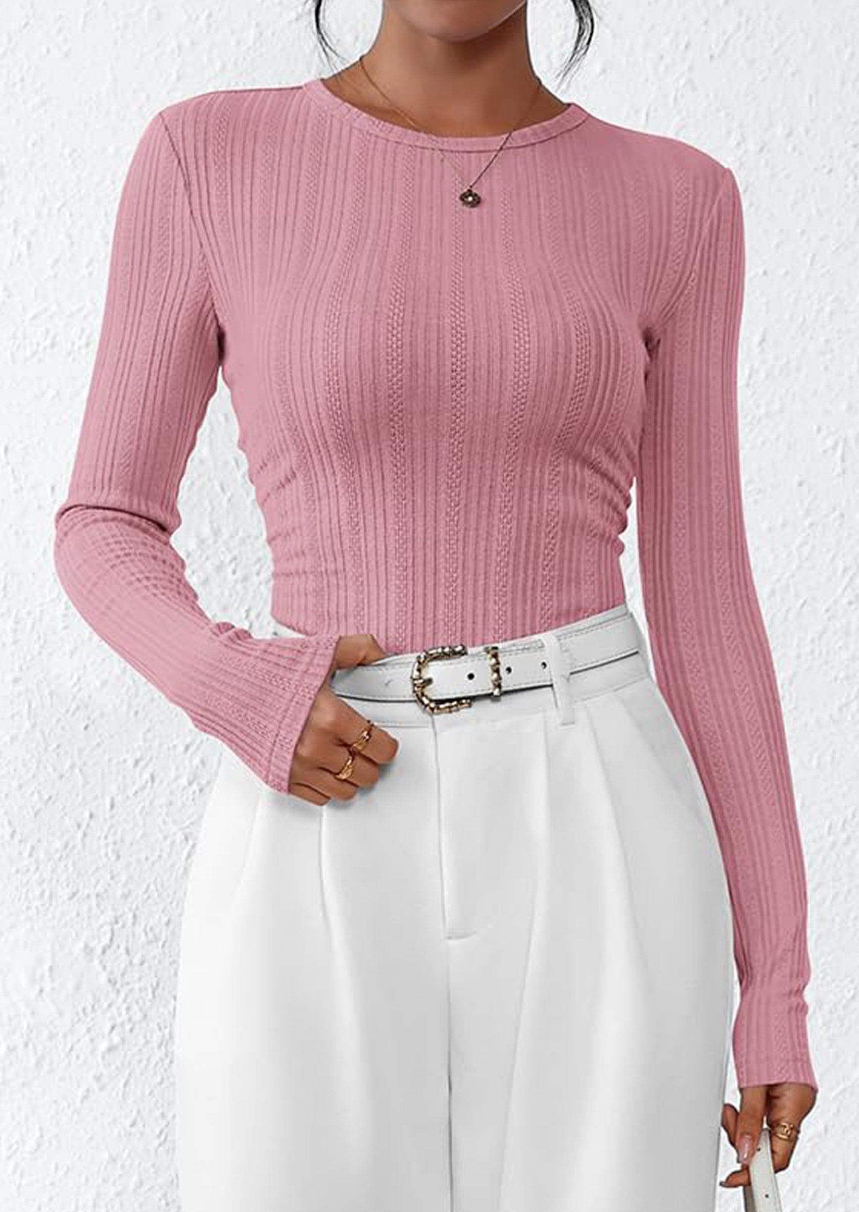 PRETTYGARDEN Crew Neck Long Sleeve Cute Going Out Tops for Women Casual Basic Slim Fit Womens Pullover Shirts PRETTYGARDEN