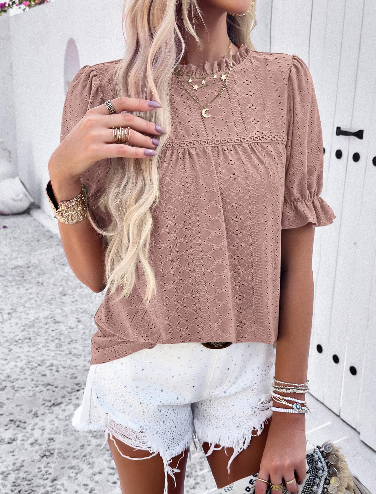 Summer Tops Casual Crewneck Ruffle Short Sleeve Eyelet Babydoll Blouse Shirts