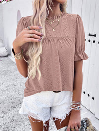 Casual Crew Neck Ruffle Short Sleeve Eyelet Babydoll Blouse