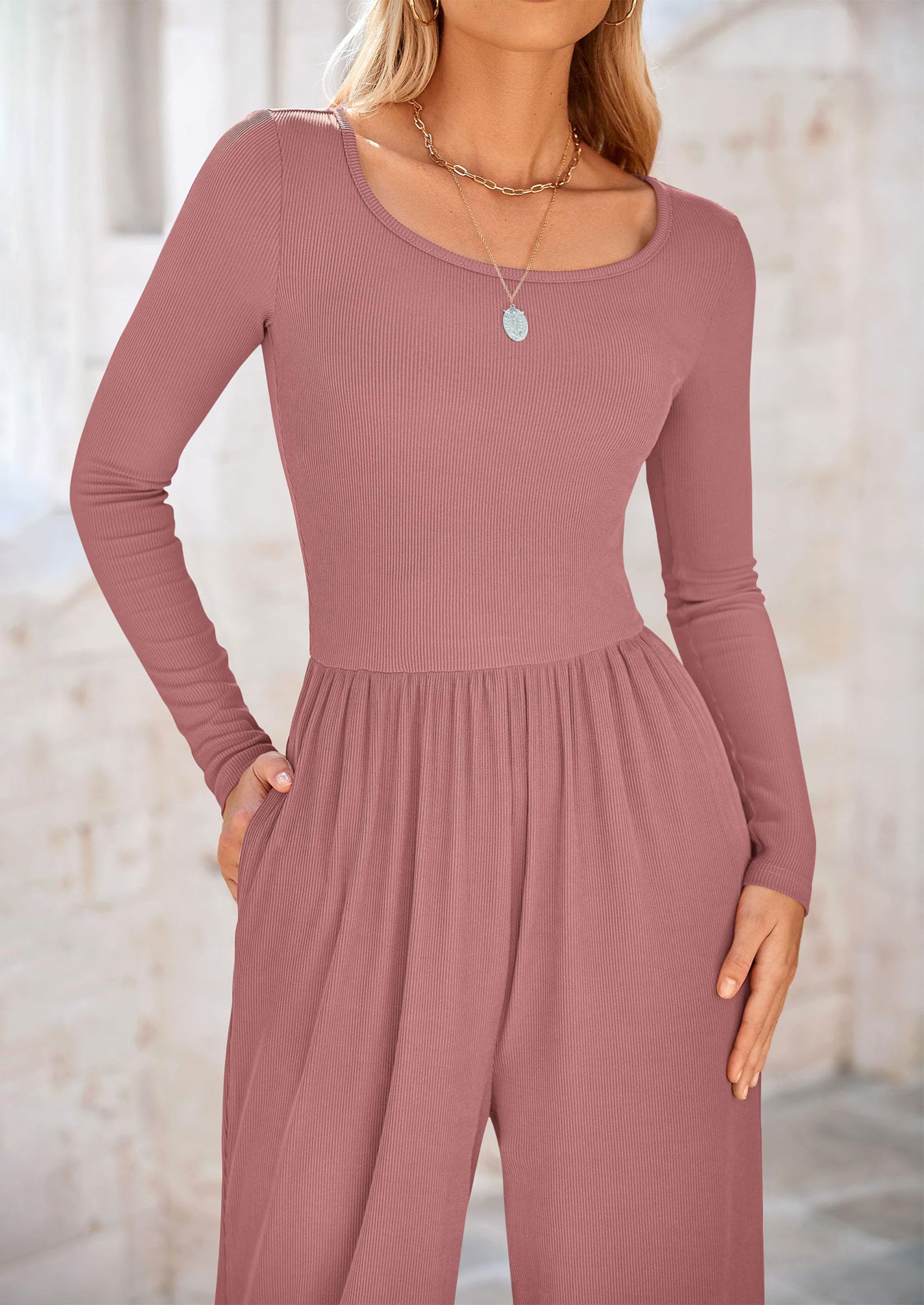 PRETTYGARDEN Fashion Jumpsuits Dressy Casual Long Sleeve Wide Leg Ribbed Knit Rompers