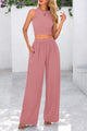 Womens Summer 2 Piece Sets Ribbed Knit Crew Neck Sleeveless Crop Tank Tops Wide Leg Pants Casual Lounge Set