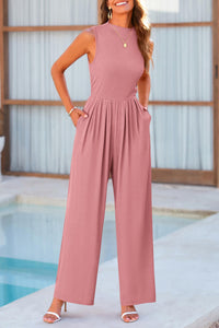 Summer One Piece Sleeveless Mock Neck Wide Leg Pants Rompers With Pockets