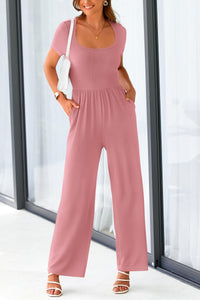 Summer One Piece Jumpsuits Dressy Casual Short Sleeve Square Neck Wide Leg Jumpsuit Rompers