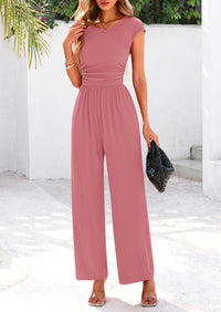 Summer Jumpsuits for Women Dressy Ribbed Cap Sleeve Wide Leg Pants Rompers Elegant Casual One Piece Outfits