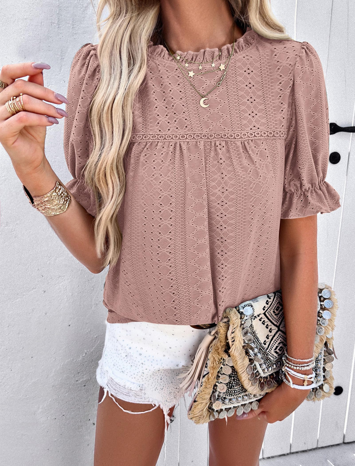 Casual Crew Neck Ruffle Short Sleeve Eyelet Babydoll Blouse