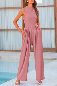 Sleeveless Mock Neck Wide Leg Jumpsuits With Pockets