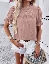 Casual Crew Neck Ruffle Short Sleeve Eyelet Babydoll Blouse