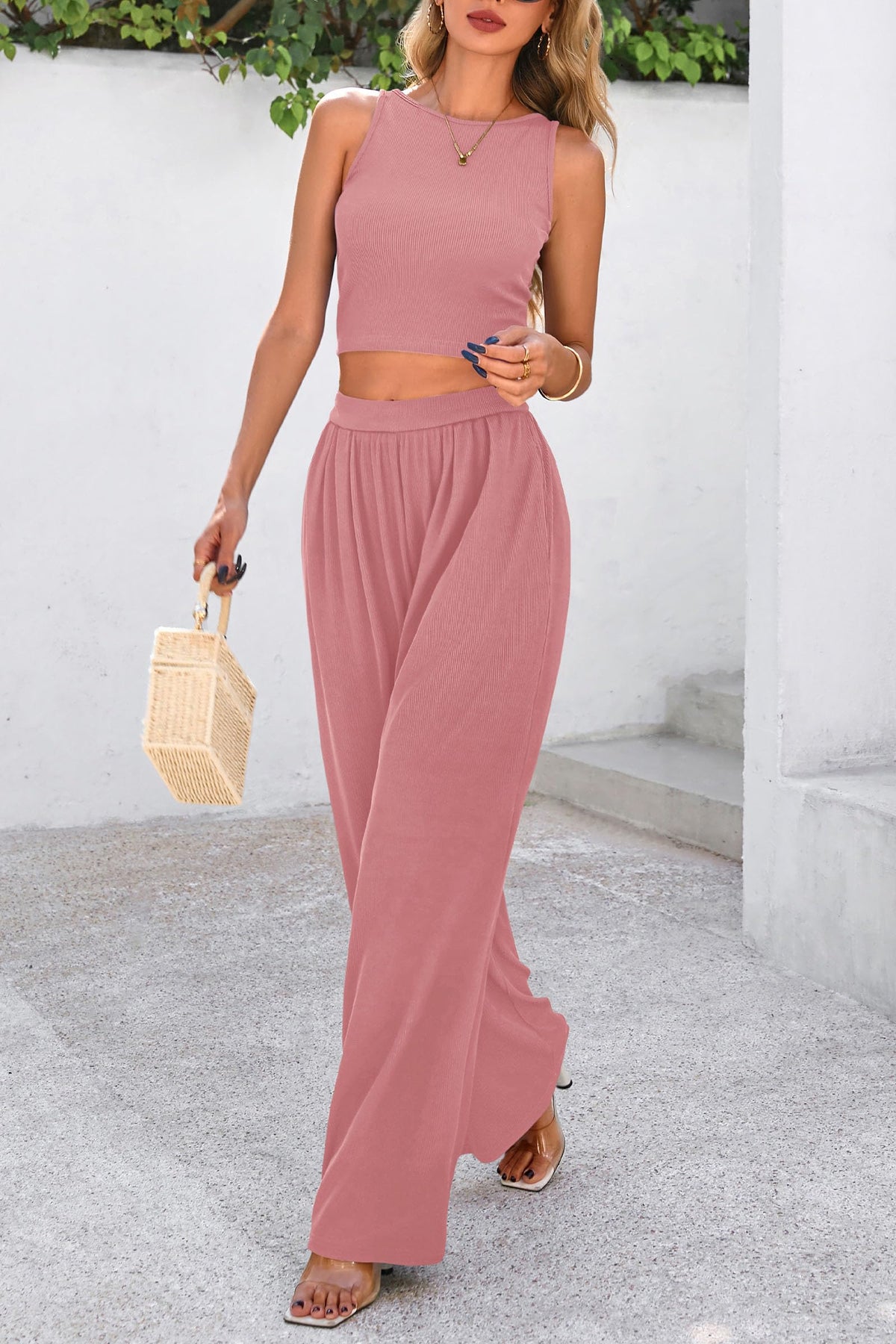 Womens Summer 2 Piece Sets Ribbed Knit Crew Neck Sleeveless Crop Tank Tops Wide Leg Pants Casual Lounge Set