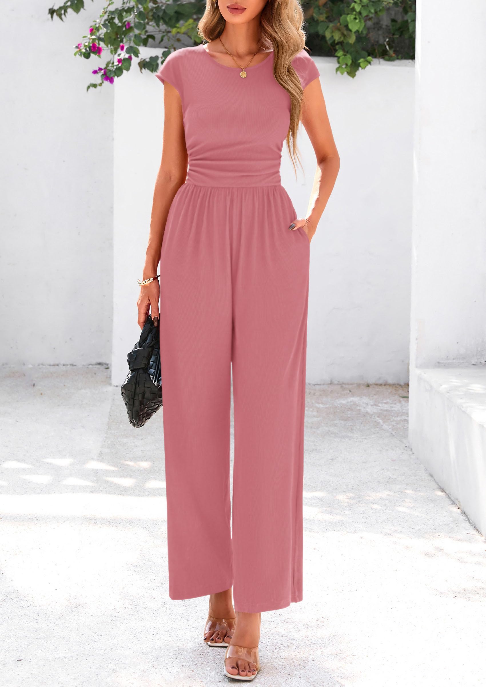 PRETTYGARDEN Summer Jumpsuits Ribbed Cap Sleeve Wide Leg Pants Women's Rompers Elegant Casual Trendy Vacation Outfits