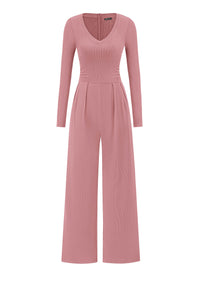 PRETTYGARDEN Womens Fall One Piece Long Sleeve Jumpsuit | Stretchy Ribbed Knit, Fashion Deep V Neck, Wide Leg Romper with Pockets, Work Business Casual Outfits, Trendy Winter Clothes
