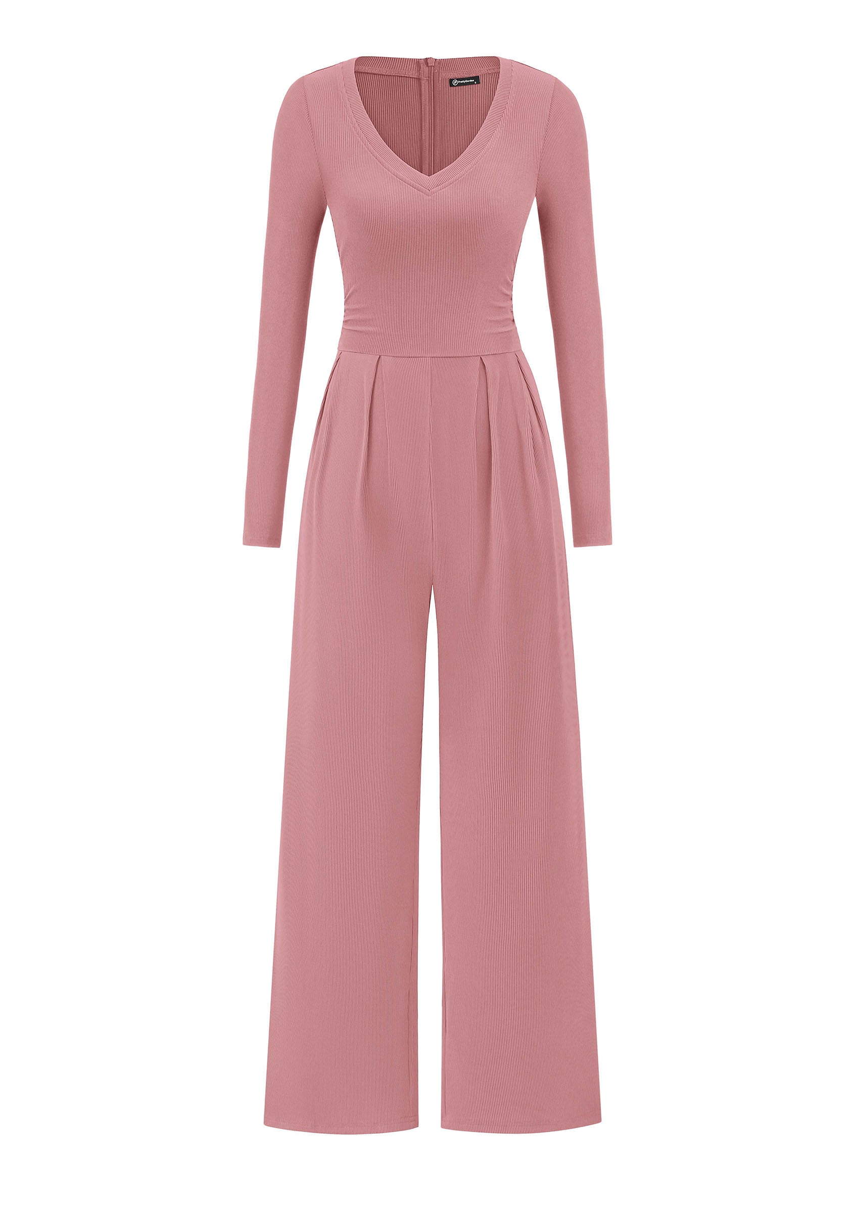 PRETTYGARDEN Womens Fall One Piece Long Sleeve Jumpsuit | Stretchy Ribbed Knit, Fashion Deep V Neck, Wide Leg Romper with Pockets, Work Business Casual Outfits, Trendy Winter Clothes
