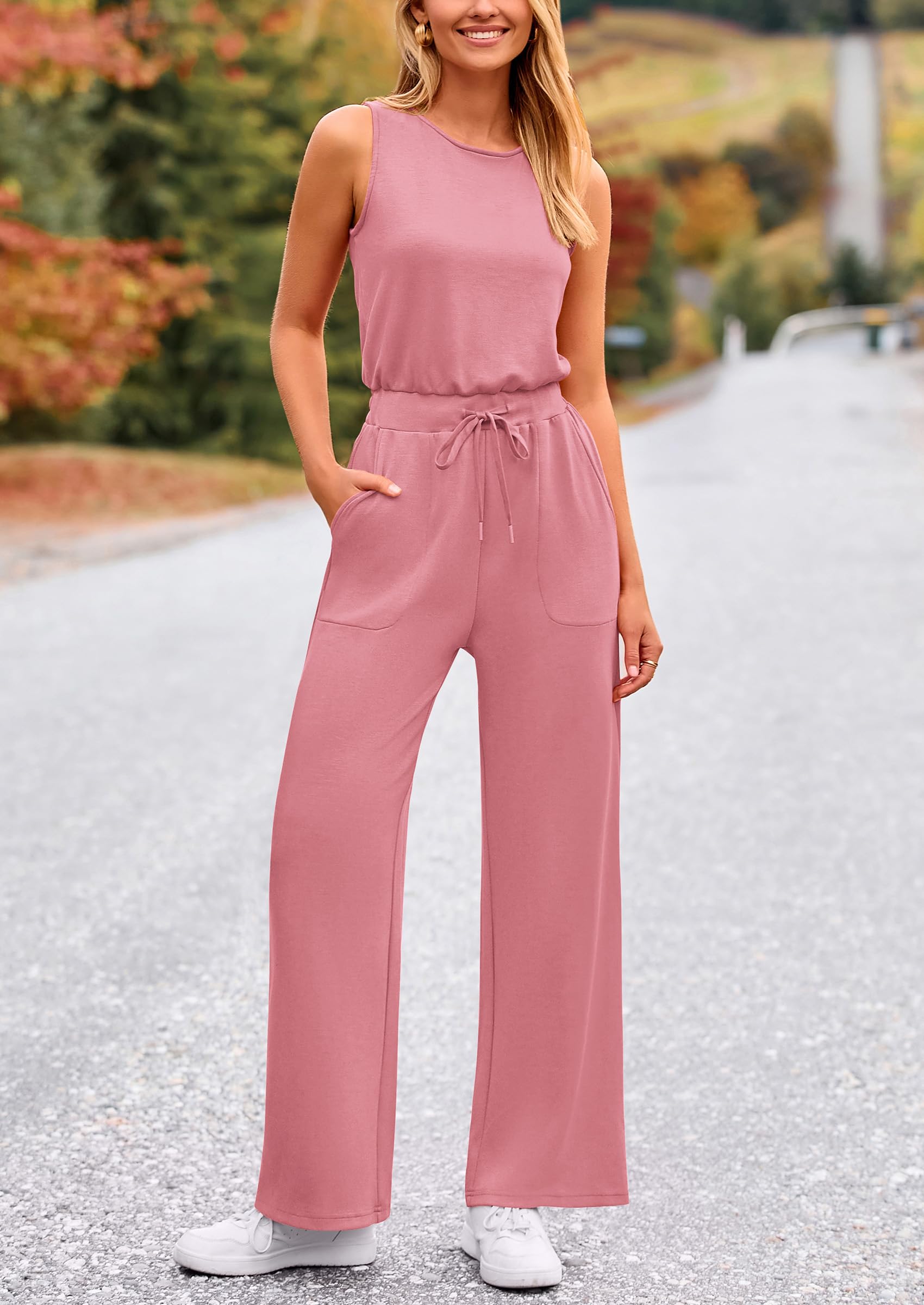 PRETTYGARDEN Womens Jumpsuits Summer Casual One Piece Outfits Sleeveless Wide Leg Long Pants Rompers