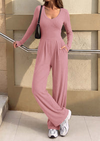 PRETTYGARDEN Womens Fall One Piece Long Sleeve Jumpsuit | Stretchy Ribbed Knit, Fashion Deep V Neck, Wide Leg Romper with Pockets, Work Business Casual Outfits, Trendy Winter Clothes