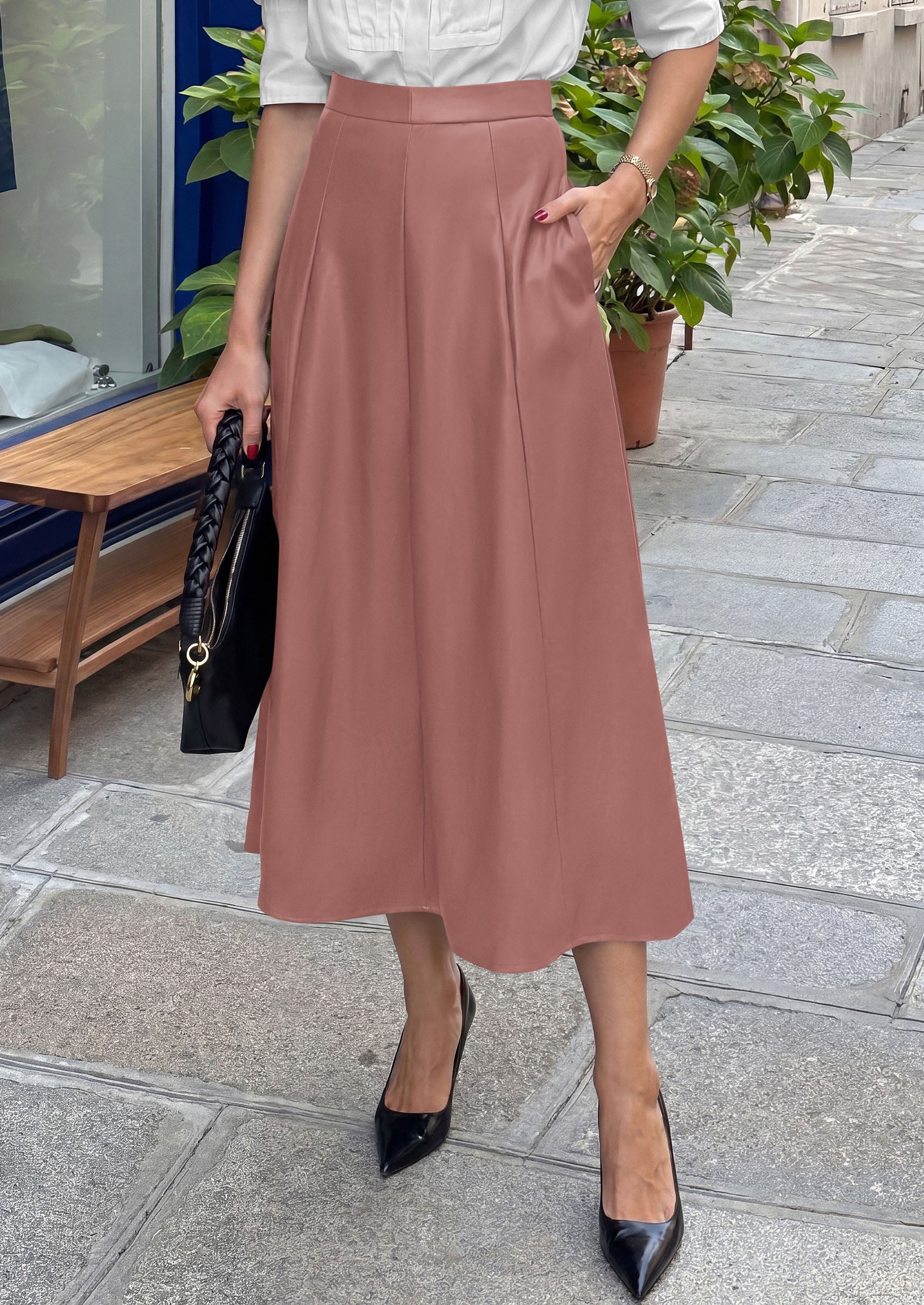 PRETTYGARDEN Womens Faux Leather High Waisted Midi Skirt | Flowy A Line Pleated Skirts, Elegant Swing Flared, Work Business Casual Outfits, Fall Winter Fashion Clothes