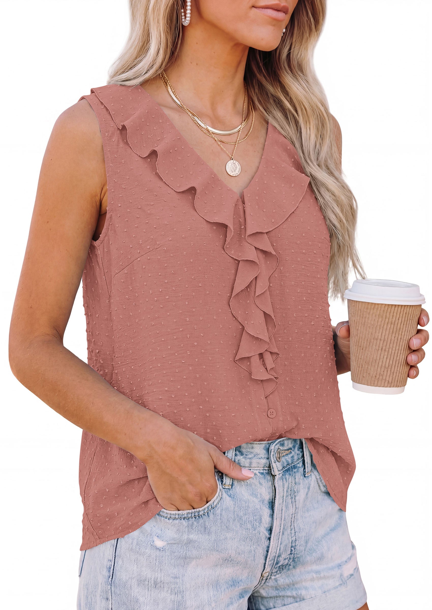 PRETTYGARDEN Womens Tank Tops 2026 Summer Dressy Casual Blouses Sleeveless Ruffle V Neck Swiss Dot Button Down Work Shirts PRETTYGARDEN