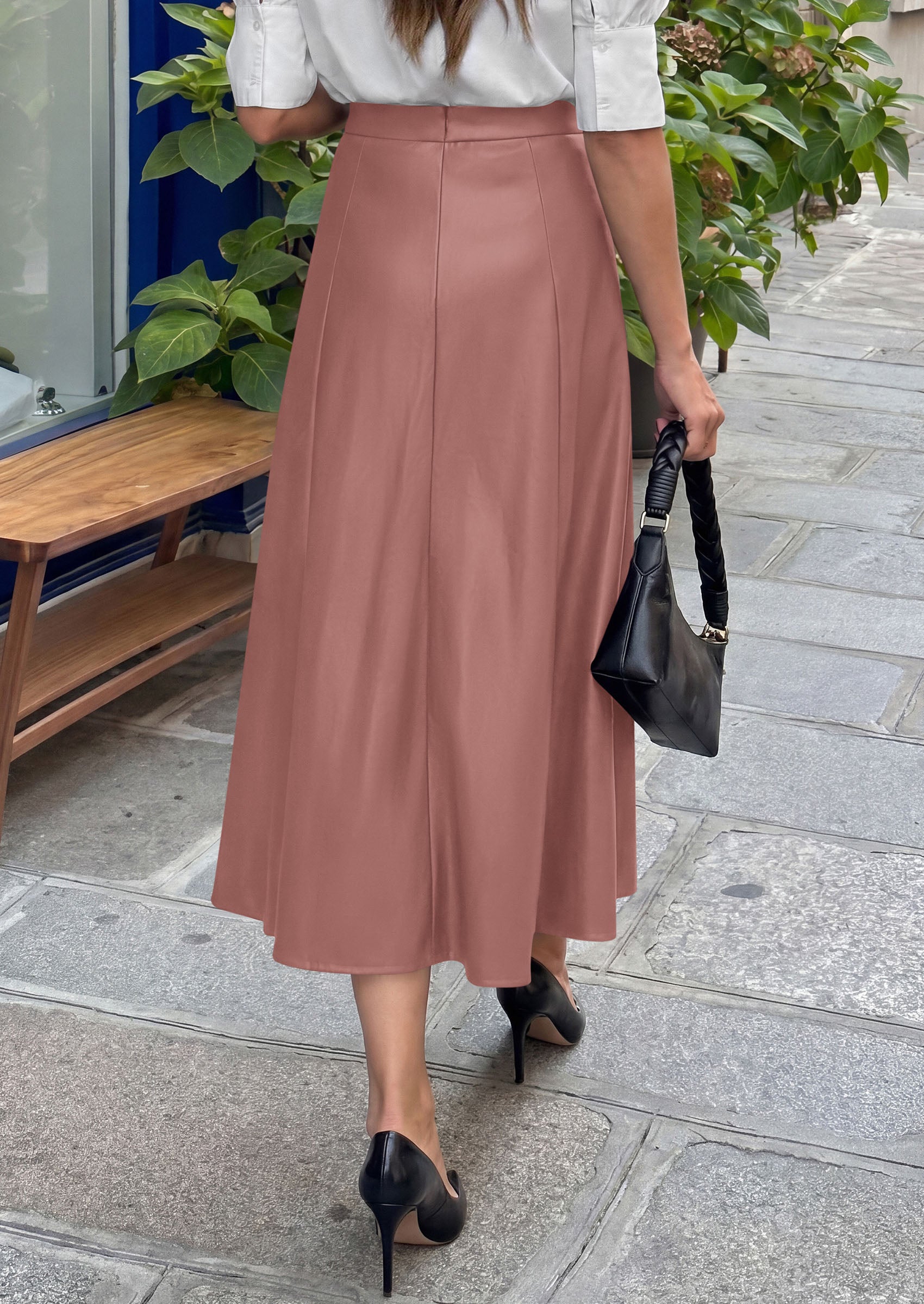 PRETTYGARDEN Womens Faux Leather High Waisted Midi Skirt | Flowy A Line Pleated Skirts, Elegant Swing Flared, Work Business Casual Outfits, Fall Winter Fashion Clothes