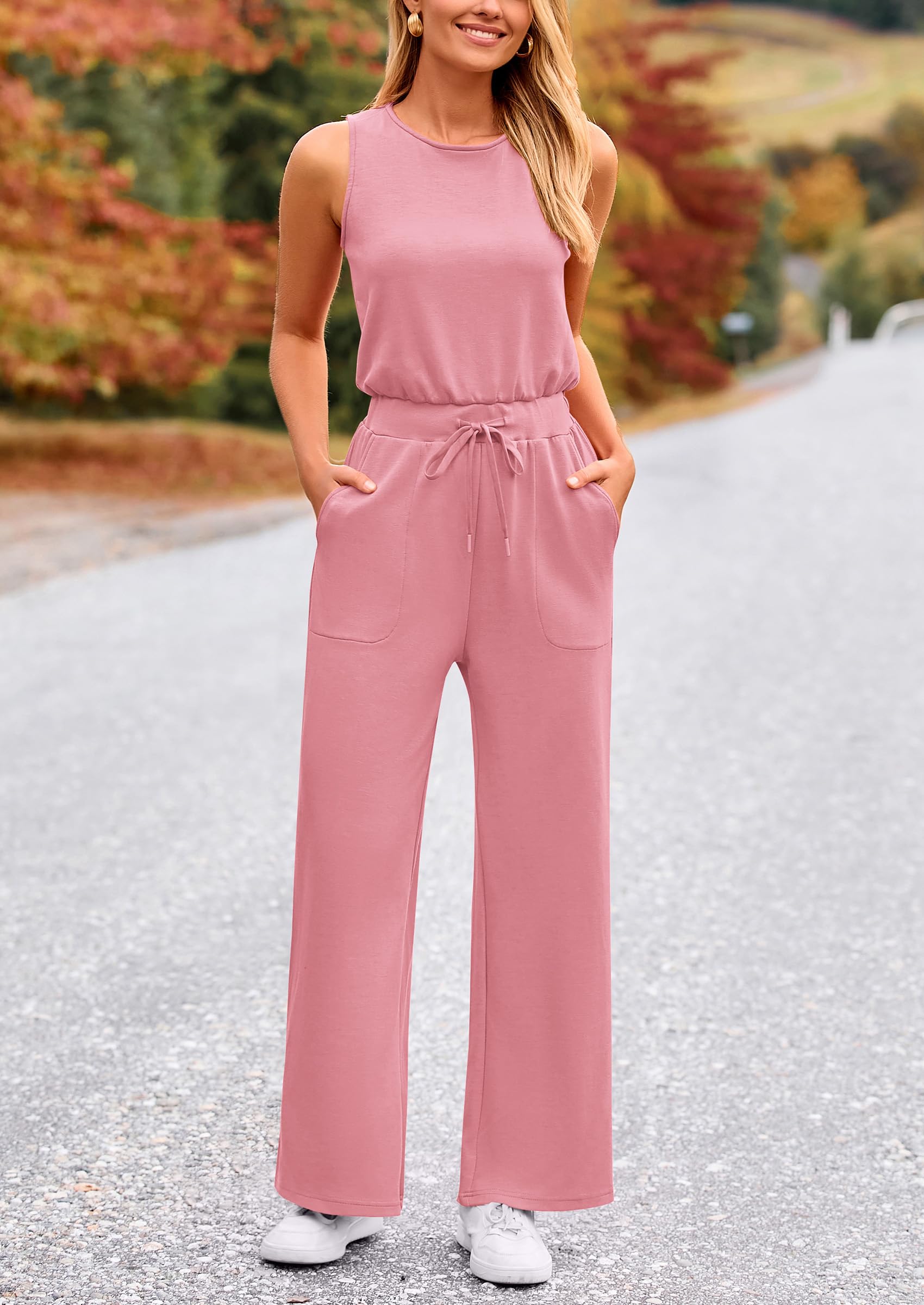 PRETTYGARDEN Womens Jumpsuits Summer Casual One Piece Outfits Sleeveless Wide Leg Long Pants Rompers