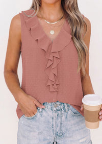 PRETTYGARDEN Womens Tank Tops 2026 Summer Dressy Casual Blouses Sleeveless Ruffle V Neck Swiss Dot Button Down Work Shirts PRETTYGARDEN