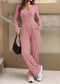 PRETTYGARDEN Womens Fall One Piece Long Sleeve Jumpsuit | Stretchy Ribbed Knit, Fashion Deep V Neck, Wide Leg Romper with Pockets, Work Business Casual Outfits, Trendy Winter Clothes