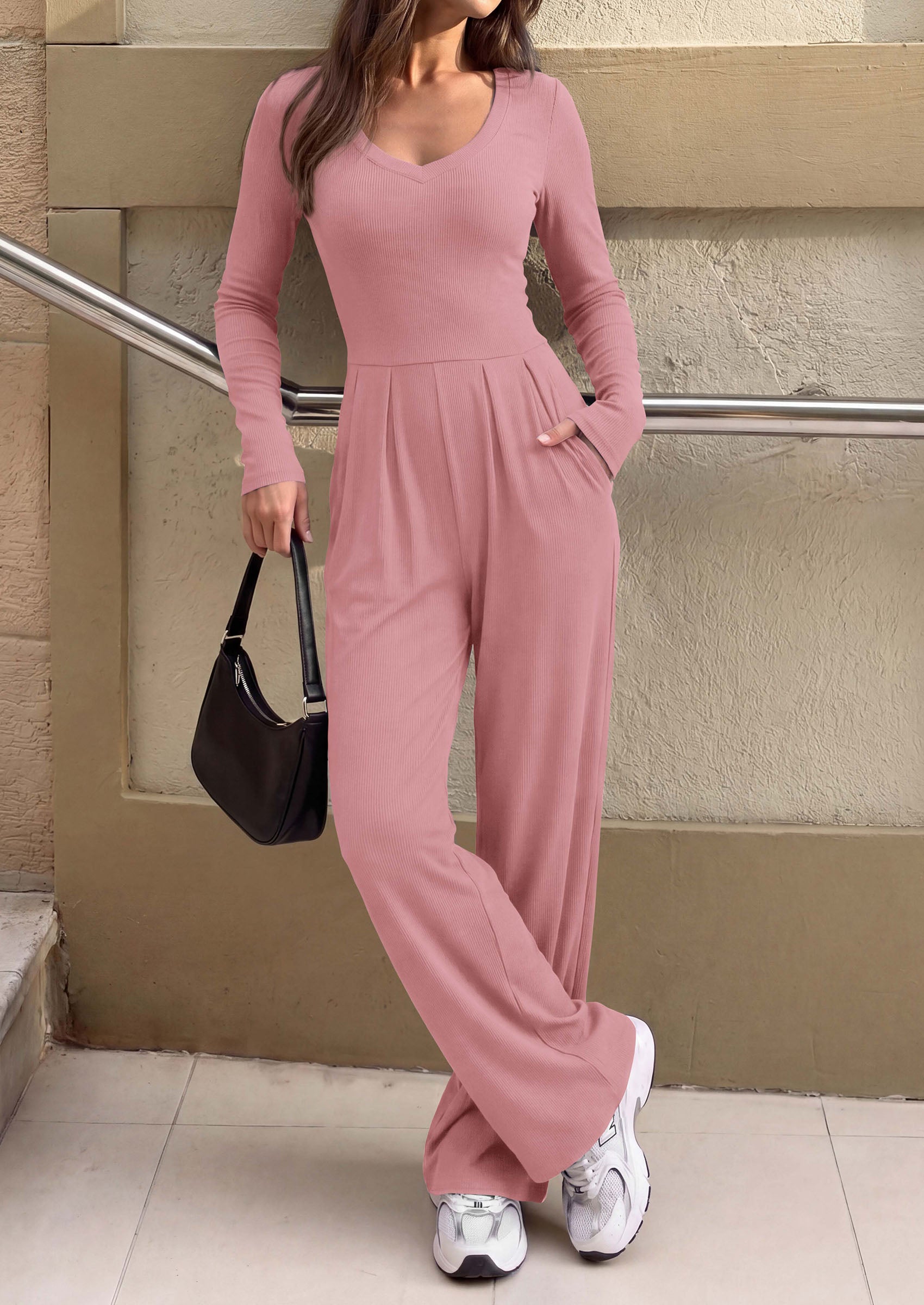 PRETTYGARDEN Womens Fall One Piece Long Sleeve Jumpsuit | Stretchy Ribbed Knit, Fashion Deep V Neck, Wide Leg Romper with Pockets, Work Business Casual Outfits, Trendy Winter Clothes