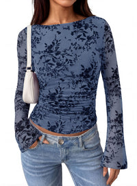 PRETTYGARDEN Women's Bell Sleeve Floral Mesh Crop Tops | Slim Fitted Shirts, Long Sleeve Going Out Top, Ruched Front, Boat Neck, Casual Blouses, Fall Date Night Outfits, Y2K Clothes