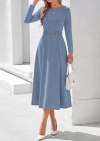 PRETTYGARDEN Women's Fall Long Sleeve Semi Formal Midi Dresses with Pockets Boat Neck, Metal Buckle Tie Waist, Flowy A Line, Elegant Classy Wedding Guest Cocktail Party Dress, Business Casual Outfits